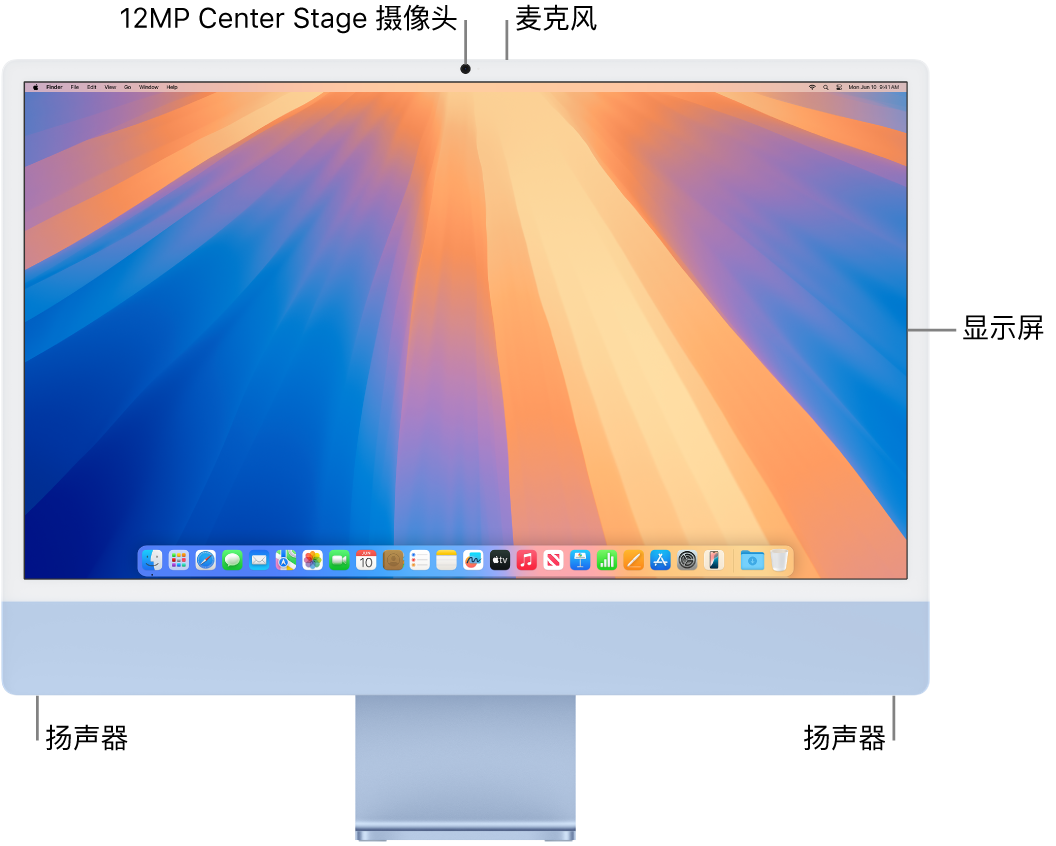 iMac 的正面视图，显示显示屏、摄像头、麦克风和扬声器。