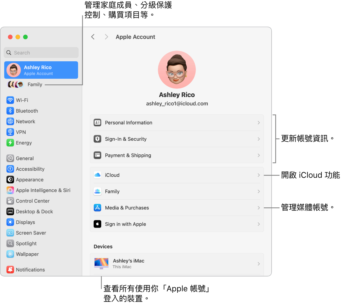 「系統設定」中的「Apple 帳號」設定包含更新帳號資訊、開啟或關閉 iCloud 功能、管理媒體帳號以及可管理家庭成員、分級保護控制、購買項目和更多內容的「家人共享」的說明框。