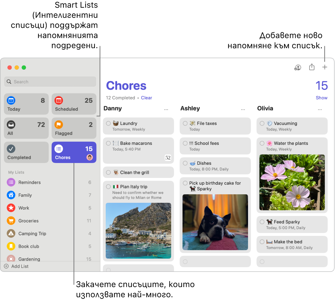 Прозорец на Reminders (Напомняния) с интелигентните списъци вляво и други напомняния и списъци под тях. Курсорът е разположен в напомняне. Има изнесени означения за Smart Lists (Умни списъци) и за бутона „Add a new reminder“ („Добави ново напомняне“).
