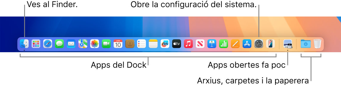 El Dock amb el Finder, l’app Configuració de Sistema i el divisor del Dock que separa les apps dels arxius i carpetes.