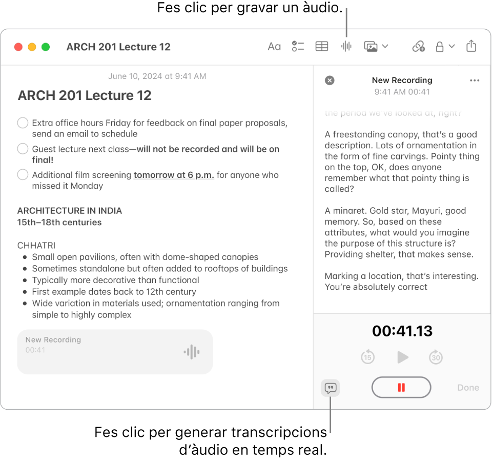 Una finestra de l’app Notes que mostra una nota amb una llista de comprovació, una llista amb vinyetes i una gravació d’àudio. La finestra de detalls d’àudio està oberta i mostra una transcripció de la gravació d’àudio.