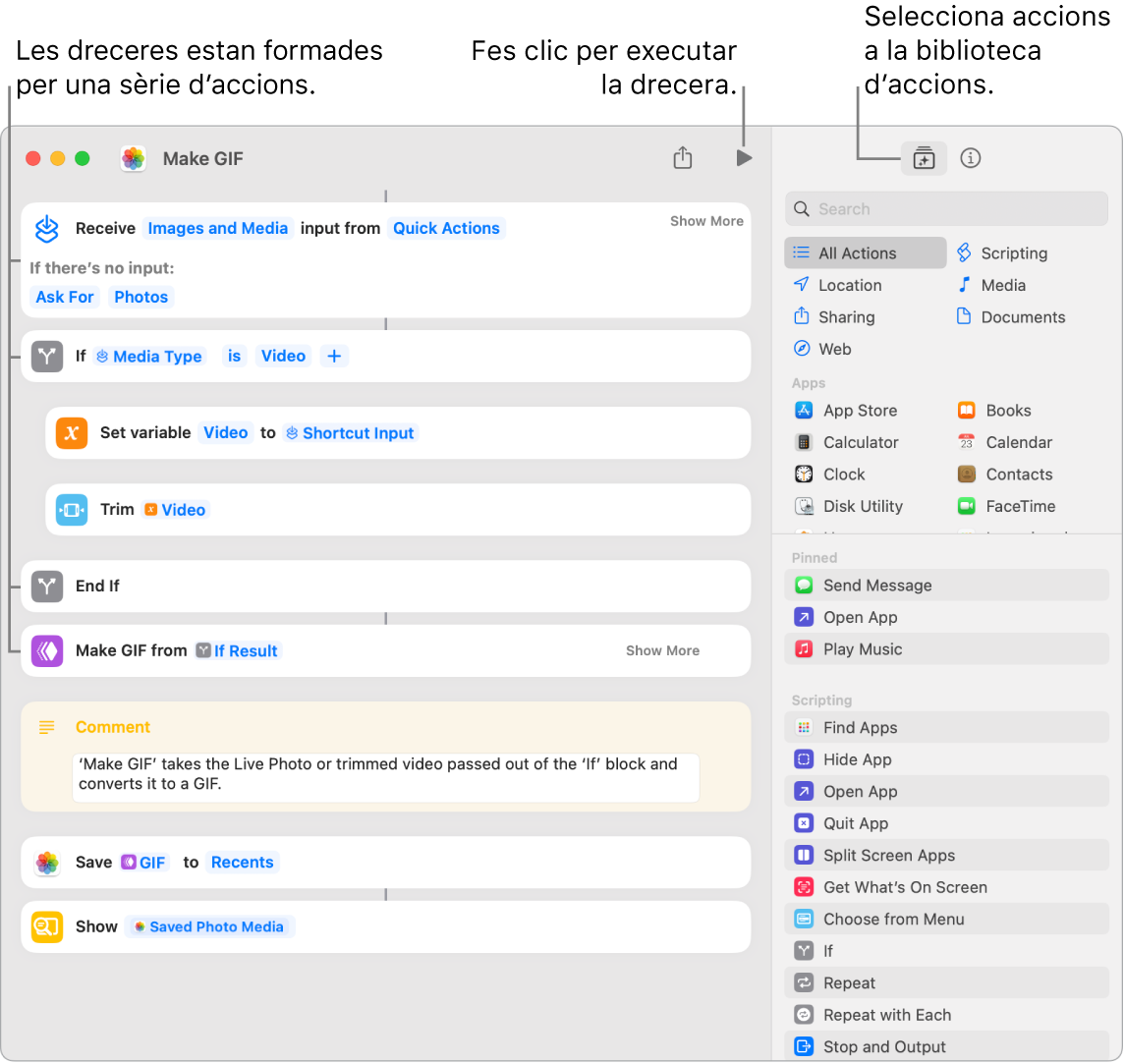 L’editor de dreceres “Crea un GIF” a l’esquerra i la biblioteca d’accions a la dreta.