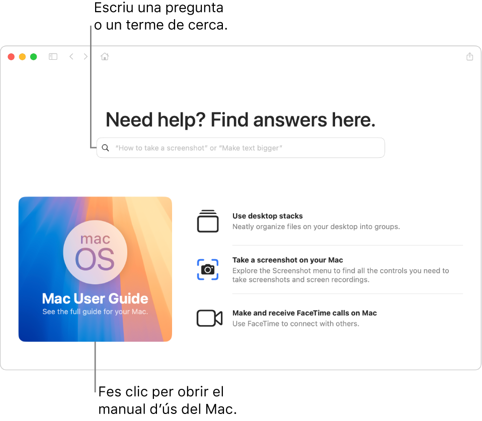 La pàgina d’inici de l’app Consells amb el manual d’ús del Mac, el camp de cerca i els temes suggerits.