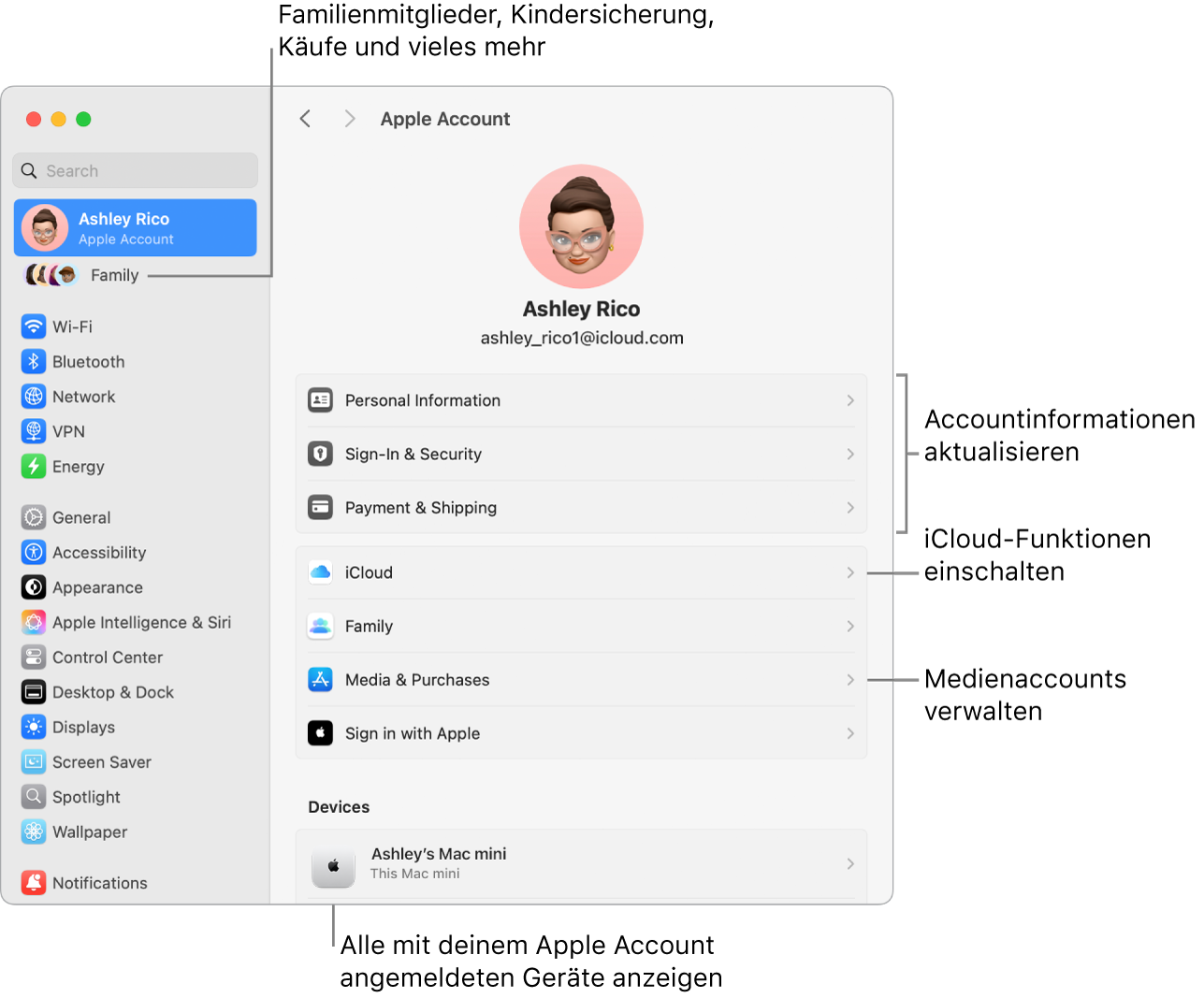 Die Einstellungen „Apple Account“ in den Systemeinstellungen mit Beschriftungen zum Aktualisieren der Accountinformationen, Ein- bzw. Ausschalten von iCloud-Funktionen, Verwalten von Medienaccounts und für die Funktion „Familie“, um Familienmitglieder, Kindersicherung, Käufe und mehr zu verwalten.