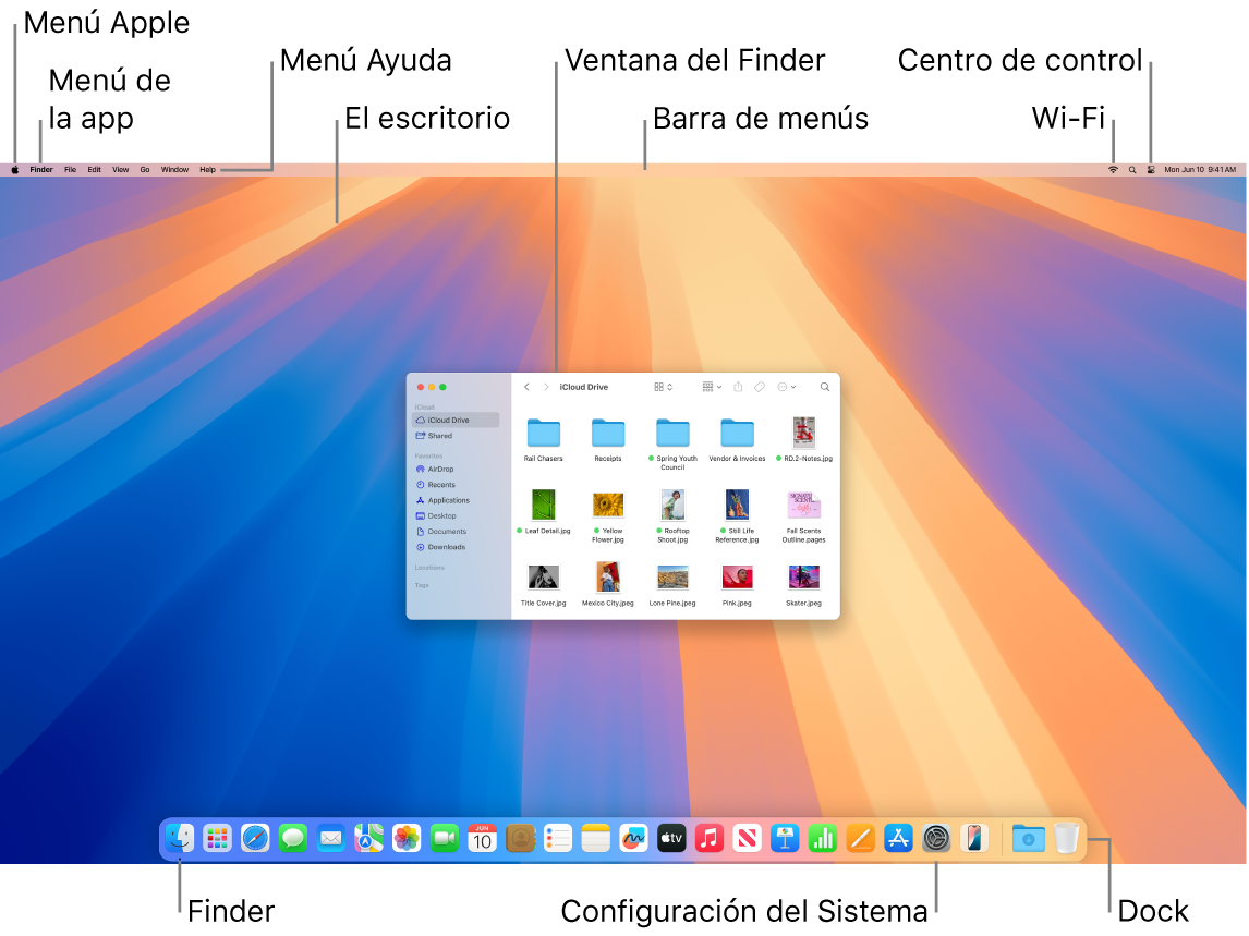 Pantalla de una Mac mostrando el menú Apple, el menú de la app, el menú de Ayuda, el escritorio, la barra de menús, una ventana del Finder el ícono de Wi-Fi, el ícono del centro de control, el ícono del Finder, el ícono de Configuración del Sistema y el Dock.