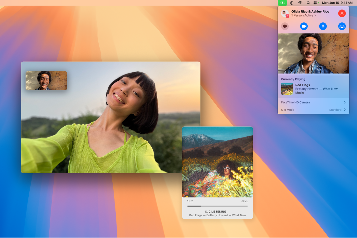 La ventana de FaceTime, que muestra una llamada con los participantes usando SharePlay para escuchar un álbum juntos.