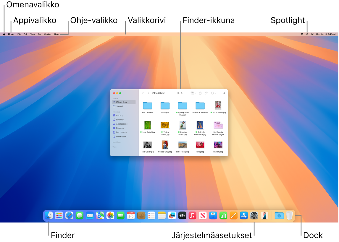 Macin näyttö, jossa näkyy Omenavalikko, Appivalikko, Ohje-valikko, valikkorivi, Finder-ikkuna, Spotlight-kuvake, Finder-kuvake, Järjestelmäasetukset-kuvake ja Dock.