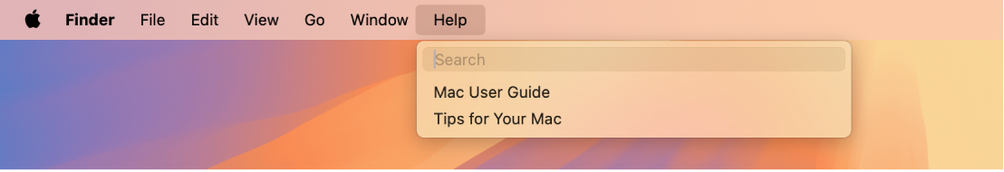 Un bureau partiel avec un menu Aide ouvert, affichant les options de menu pour Recherche et Aide macOS.