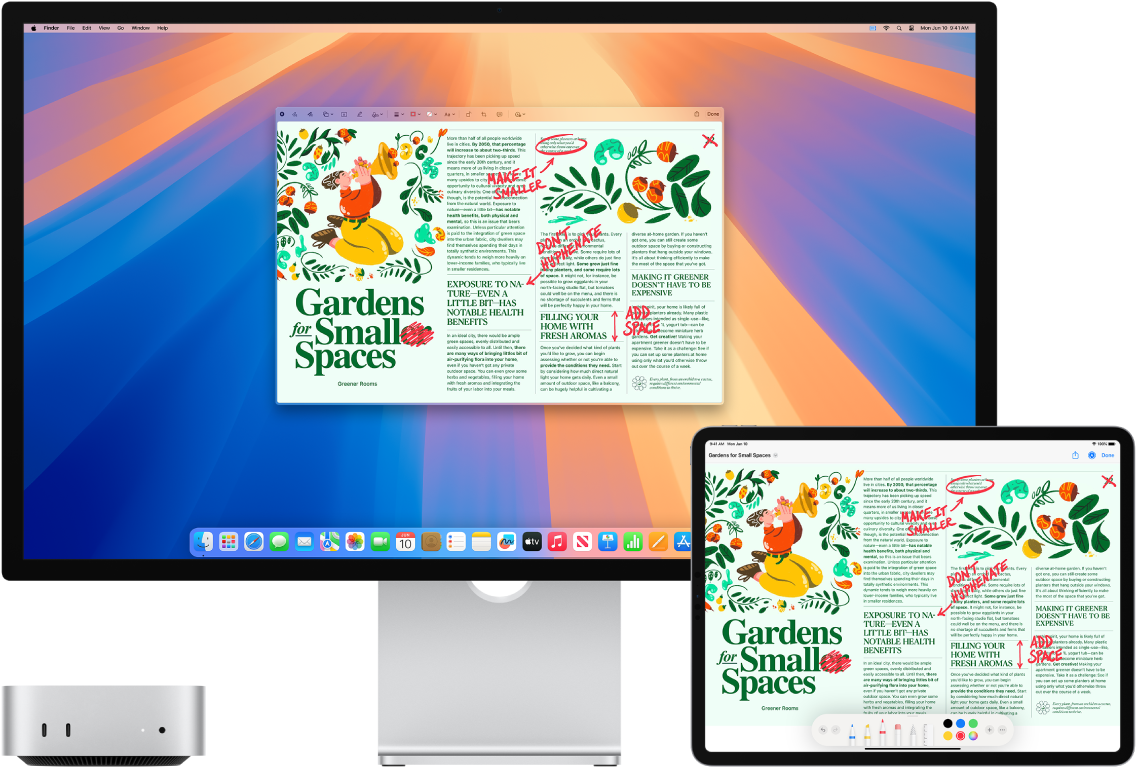 Un Mac mini et un iPad côte à côte. Les deux écrans affichent un article couvert de modifications manuscrites en rouge, telles que des phrases barrées, des flèches et des mots ajoutés. L’iPad montre également des commandes d’annotation au bas de l’écran.