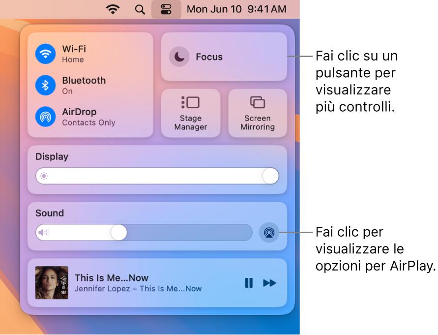 Vista ingrandita di Centro di Controllo sul Mac.