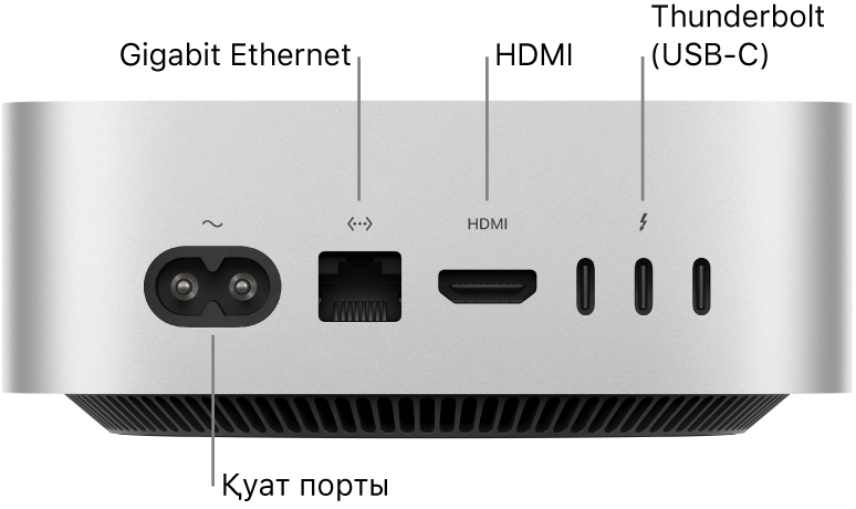 Power портын, Gigabit Ethernet портын, HDMI портын және үш Thunderbolt (USB-C) портын көрсетіп тұрған M4 Pro процессоры бар Mac mini компьютерінің арты.