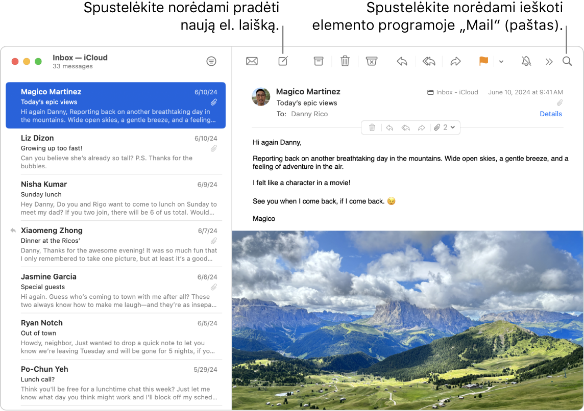 Programos „Mail“ (paštas) langas, kuriame šalia šoninės juostos rodomas pranešimų sąrašas, o dešinėje – pasirinktos žinutės turinys. Paaiškinimų figūra nurodo paieškos lauką.