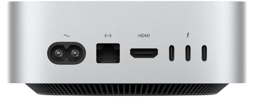 Achteraanzicht van een Mac mini met de verschillende poorten.