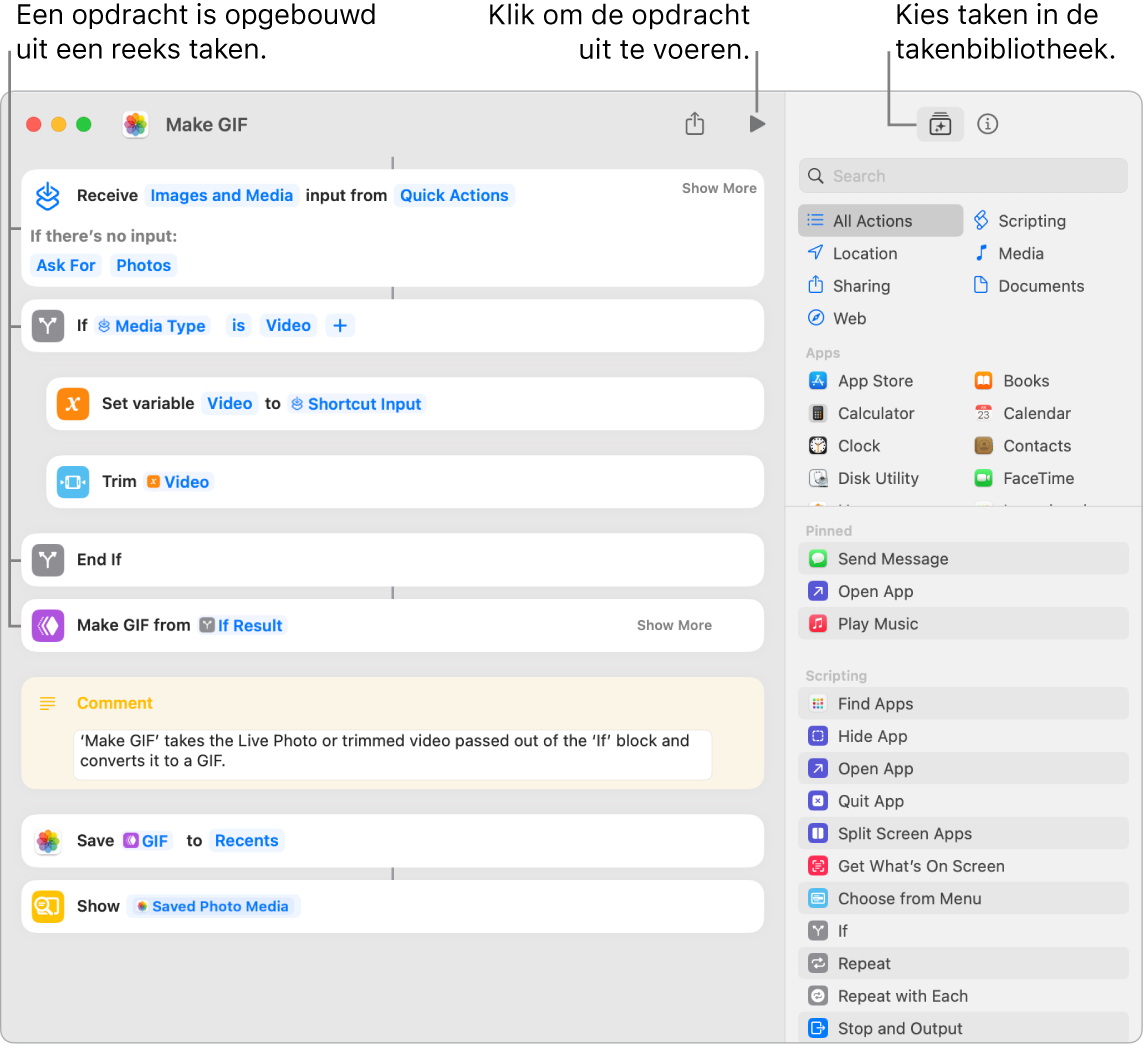 De opdrachteneditor voor 'Maak GIF aan' links en de takenbibliotheek rechts.