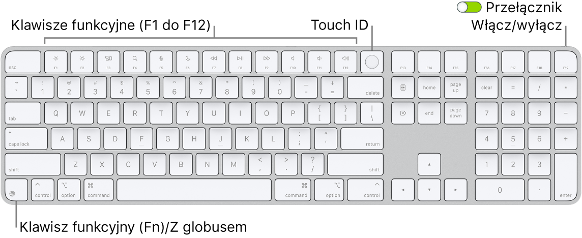 Klawiatura Magic Keyboard z Touch ID oraz klawiaturą numeryczną. Na górze znajduje się rząd klawiszy funkcyjnych oraz czytnik Touch ID, natomiast na prawo od klawisza Delete widoczny jest klawisz funkcji (Fn)/klawisz globu.