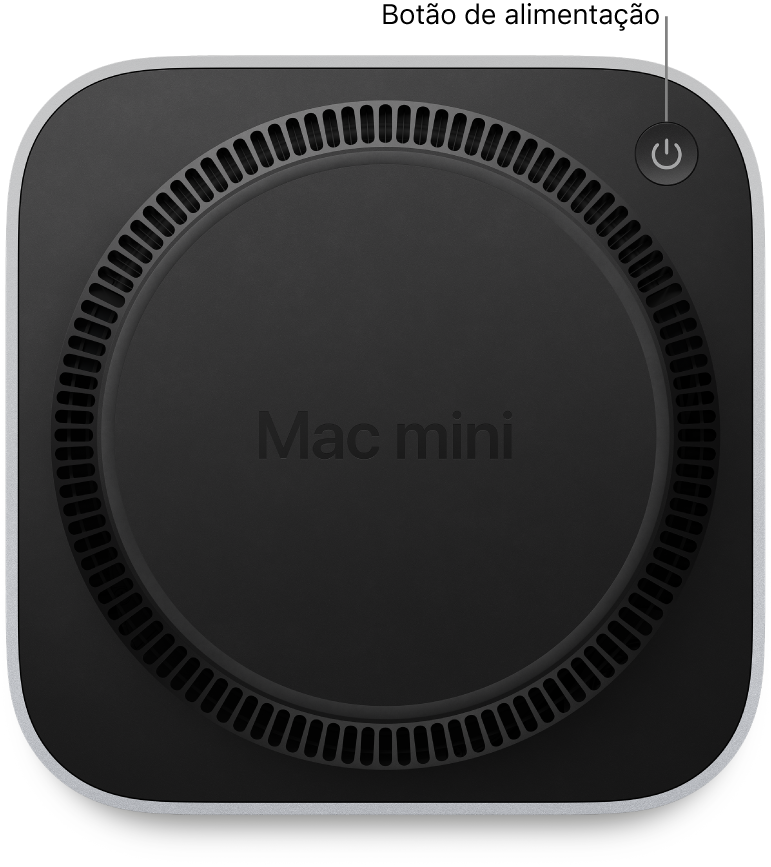 A parte inferior do Mac mini a mostrar o botão de alimentação.