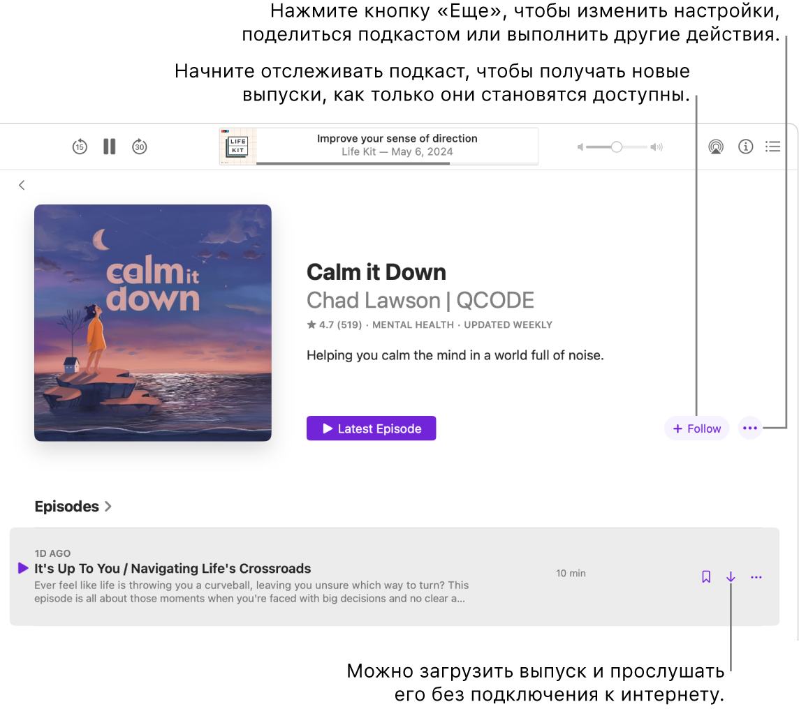 В окне приложения «Подкасты» показан выпуск подкаста. Стрелками показаны кнопки «Загрузить», «Подписаться» и «Еще».