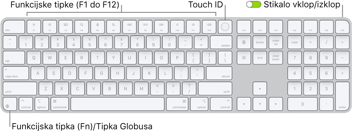 Tipkovnica Magic Keyboard s funkcijo Touch ID in numerično tipkovnico, ki prikazuje vrstico funkcijskih tipk in Touch ID-jem na vrhu, ter funkcijsko tipko (Fn)/globus desno od tipke Delete.