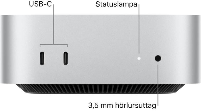 Framsidan på Mac mini med två USB-C-portar, statuslampan och ett 3,5 mm hörlursuttag.