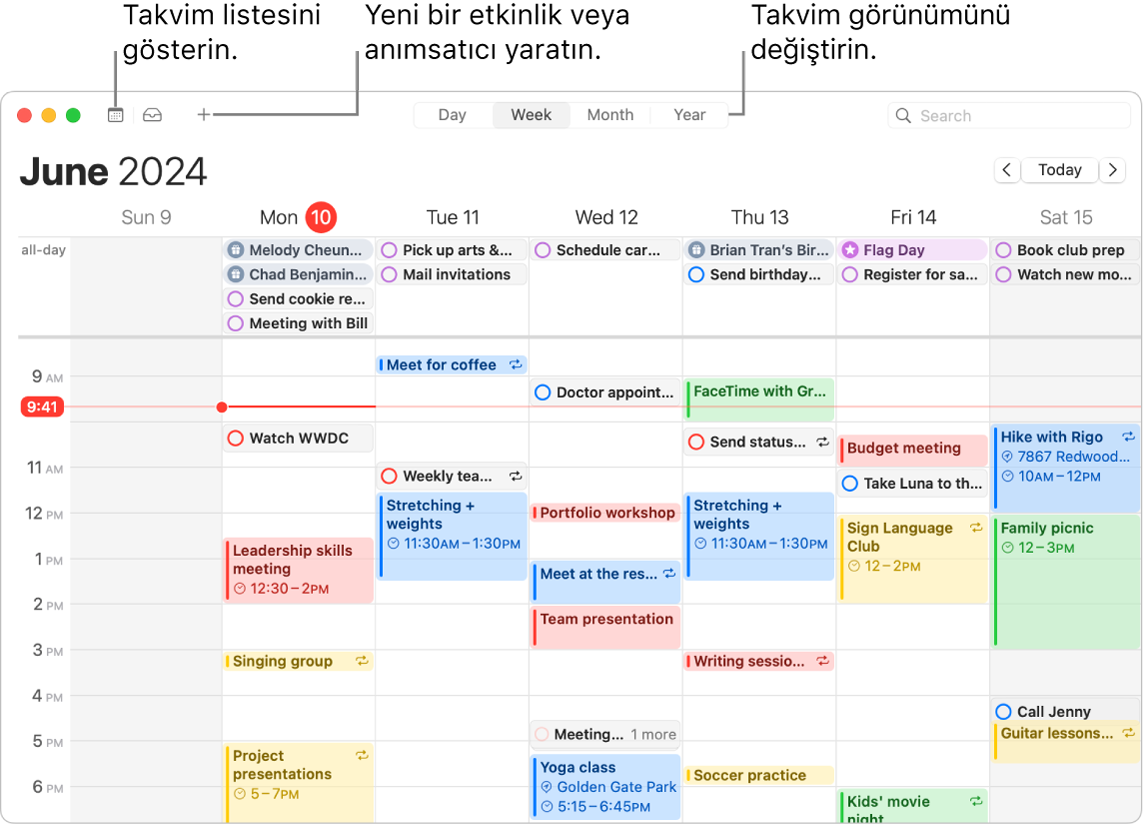 Hafta için planlanmış tüm etkinlikleri ve anımsatıcıları gösteren Takvim penceresi. Oklar Takvim listesini gösterme, etkinlik veya anımsatıcı yaratma, görüntüyü Gün, Hafta, Ay veya Yıl olarak değiştirme düğmelerini işaret ediyor.