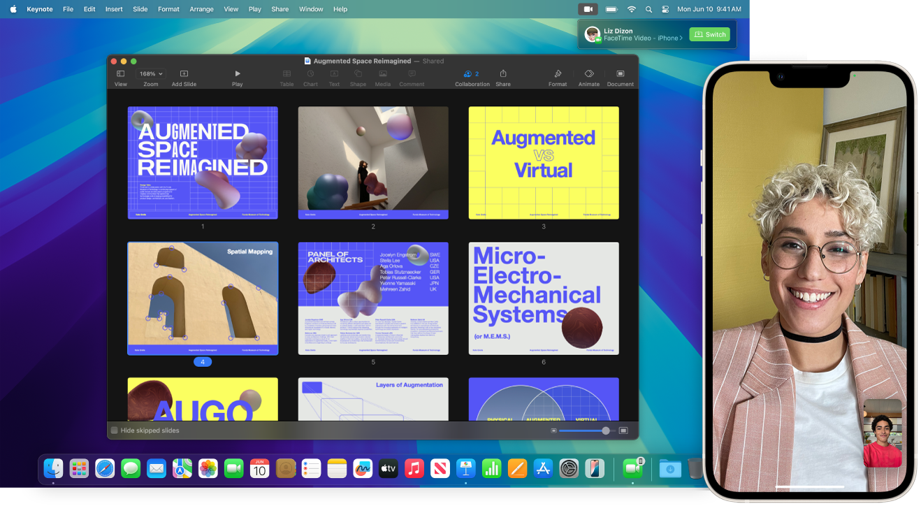 Una trucada del FaceTime a un iPhone al costat d’un escriptori de Mac amb una finestra del Keynote oberta. A l’angle superior dret del Mac, hi ha un botó per passar la trucada del FaceTime al Mac.