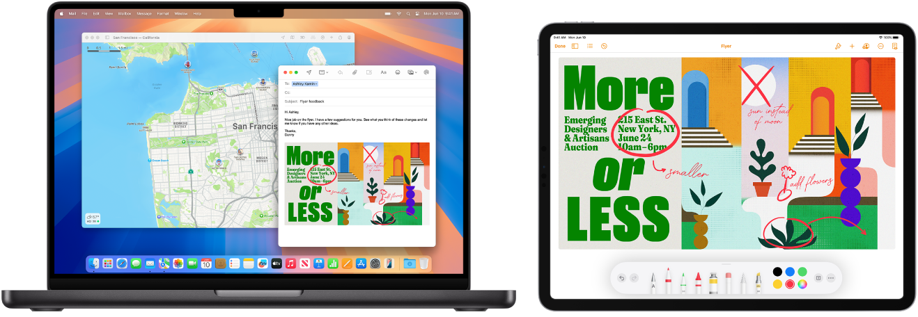 Un MacBook Pro i un iPad, l’un al costat de l’altre. A la pantalla de l’iPad es veu un fullet amb anotacions. A la pantalla del MacBook Pro hi ha un missatge del Mail que conté el fullet amb anotacions de l’iPad en forma d’adjunt.