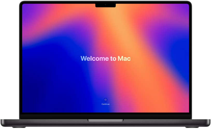 Ένα ανοιχτό MacBook Pro με τη λέξη «hello» και ένα κουμπί «Έναρξη» στην οθόνη.