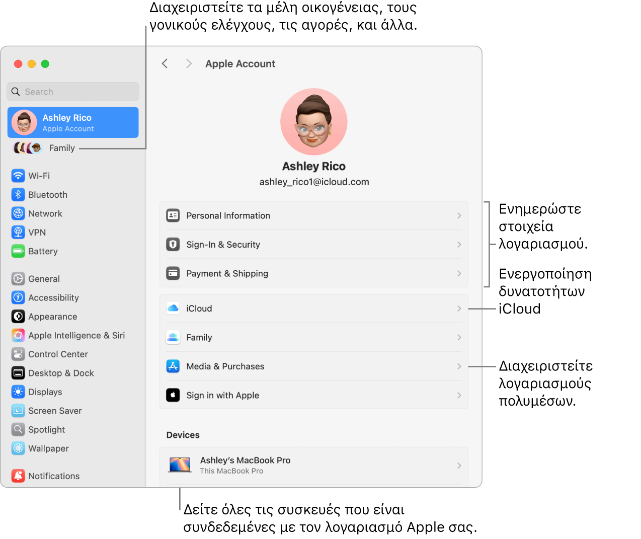 Οι ρυθμίσεις λογαριασμού Apple στις Ρυθμίσεις συστήματος με επεξηγήσεις για ενημέρωση των στοιχείων λογαριασμού, ενεργοποίηση ή απενεργοποίηση δυνατοτήτων iCloud, διαχείριση λογαριασμών πολυμέσων, και η Οικογένεια όπου μπορείτε να διαχειριστείτε τα μέλη οικογένειας, τον γονικό έλεγχο, τις αγορές και πολλά άλλα.