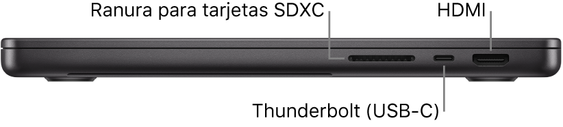 La vista del lado derecho de un MacBook Pro de 14 pulgadas con llamadas a la ranura para tarjetas SDXC, el puerto Thunderbolt 4 (USB-C) y el puerto HDMI.