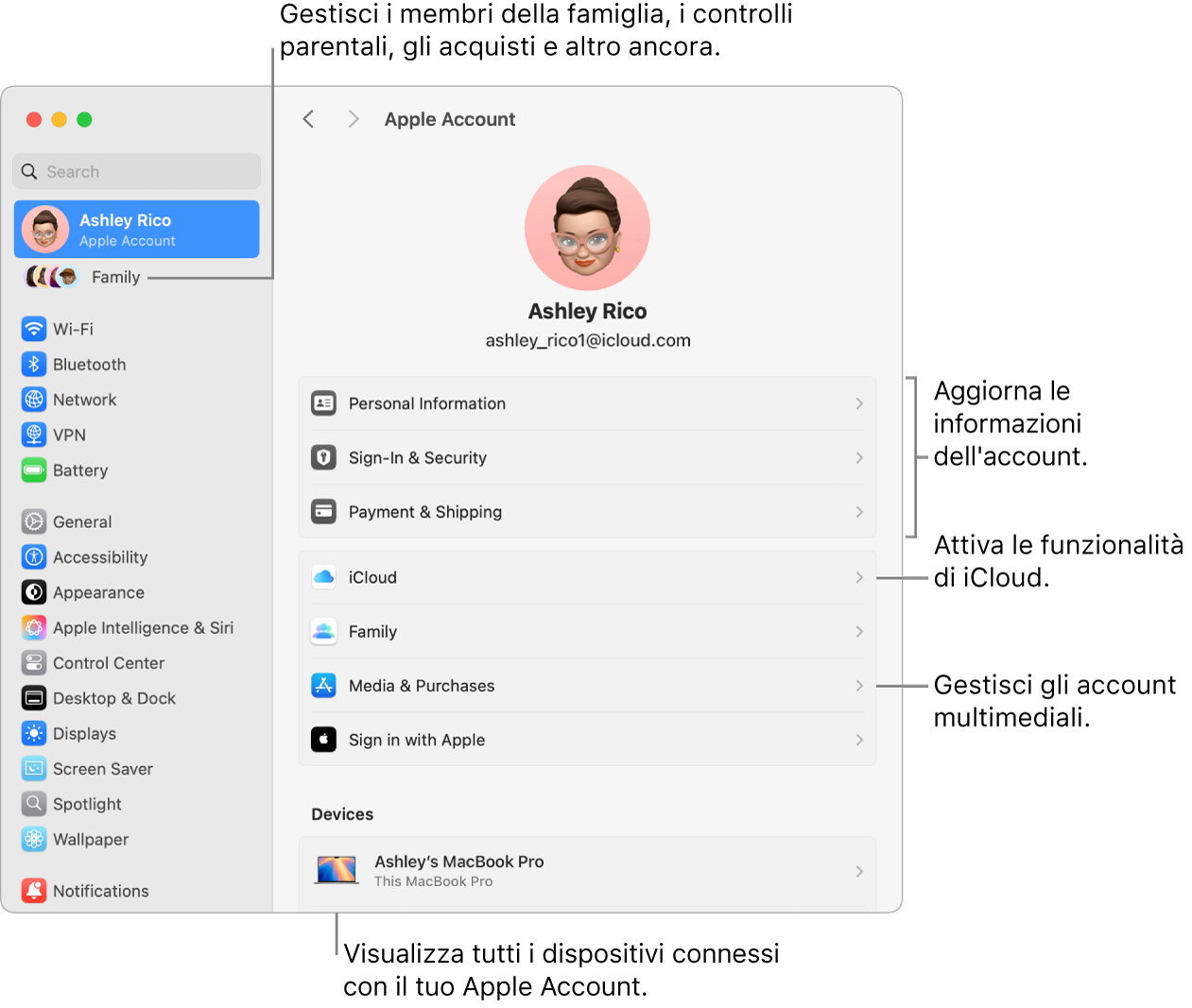 Le impostazioni di Apple Account in Impostazioni di Sistema, con didascalie per aggiornare le informazioni dell’account, attivare o disattivare le funzionalità di iCloud, gestire gli account multimediali e Famiglia, dove puoi gestire i membri del gruppo familiare, i controlli parentali, gli acquisti e altro ancora.