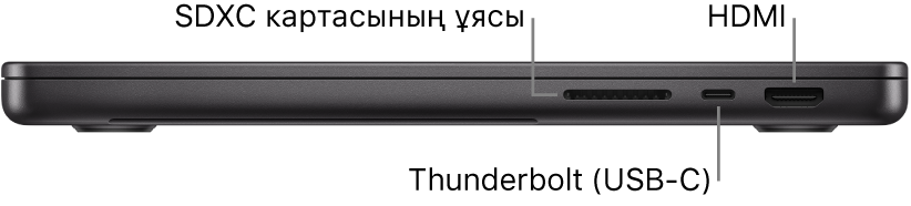 SDXC картасының ұясына, Thunderbolt 4 (USB-C) портына және HDMI портына тілше деректері бар 14 дюймдік MacBook Pro компьютерінің оң жақ көрінісі.