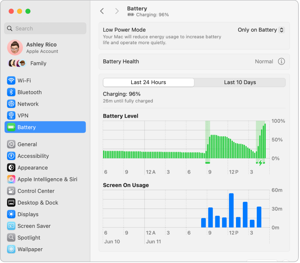 „Battery Settings“ lange rodoma vėliausių dešimties dienų energijos naudojimo informacija. Lange taip pat rodoma, kad akumuliatoriaus būsena yra normali, ir galima įjungti „Low Power Mode“.