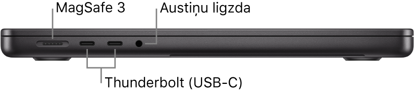 Skats uz 14 collu MacBook Pro datora kreiso pusi ar remarkām pie MagSafe 3 porta, diviem Thunderbolt 4 (USB-C) portiem un austiņu ligzdas.