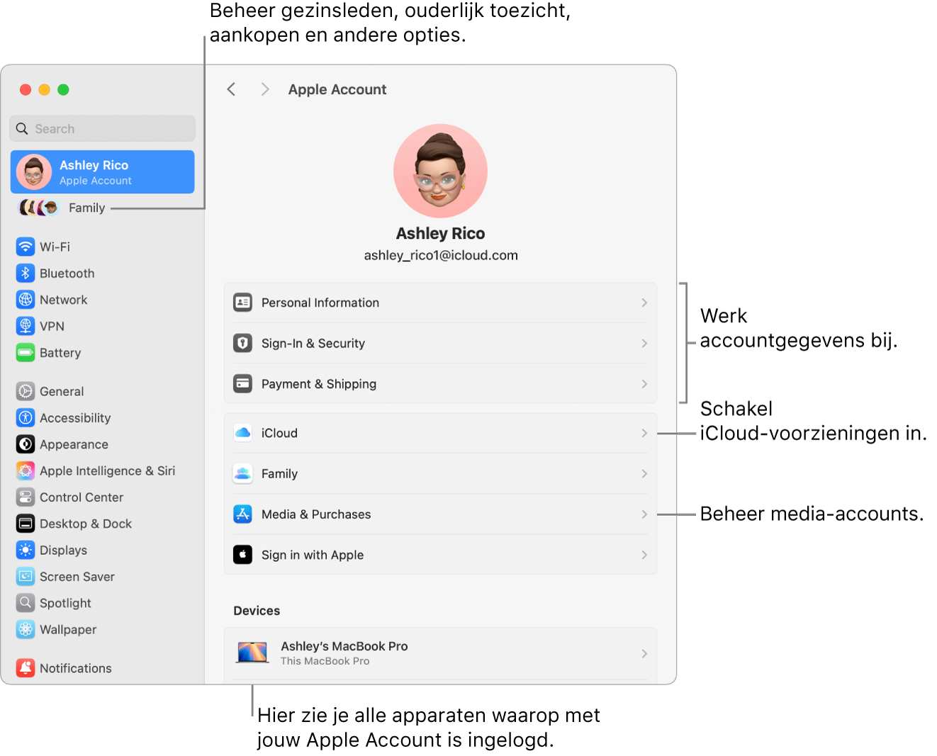 De instellingen voor 'Apple Account' in Systeeminstellingen, met bijschriften voor de opties waarmee je je accountgegevens bijwerkt, iCloud-voorzieningen in- of uitschakelt en media-accounts beheert. En de instellingen voor 'Gezin', waar je gezinsleden, ouderlijk toezicht, aankopen en andere opties beheert.