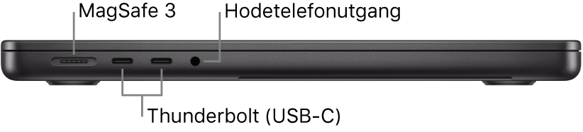 Den venstre siden av en 14-tommers MacBook Pro med bildeforklaringer for MagSafe 3-porten, de to Thunderbolt 4-portene (USB-C) og hodetelefonutgangen.