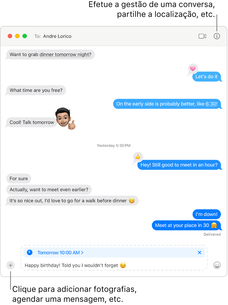Uma janela da aplicação Mensagens a mostrar uma conversa. Uma mensagem está agendada para envio “Amanhã às 10:00”. Mensagem com o texto “Feliz aniversário! Eu disse‑te que não me ia esquecer.”