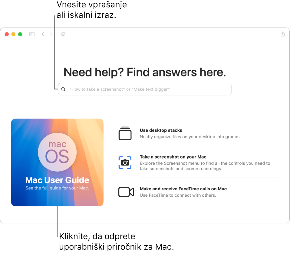 Začetna stran aplikacije Nasveti kaže Uporabniški priročnik za Mac, iskalno polje in predlagane teme.