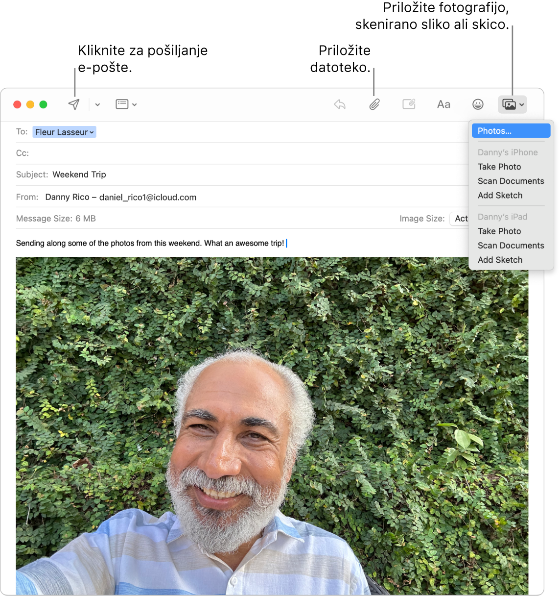 Okno Pošta kaže osnutek novega sporočila. Pojavni meni prikaže možnosti pripenjanja fotografij ali zajema fotografij, skeniranja dokumenta ali dodajanja skice iz Danijevega iPhona ali iPada.