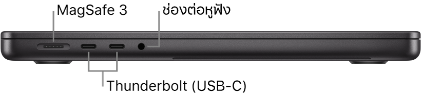 ภาพด้านซ้ายของ MacBook Pro รุ่น 14 นิ้ว ซึ่งมีตัวชี้บรรยายไปยังพอร์ต MagSafe 3, พอร์ต Thunderbolt 4 (USB-C) สองพอร์ต และช่องต่อหูฟัง