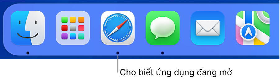 Một phần của Dock đang hiển thị các dấu chấm màu đen bên dưới các ứng dụng được mở.