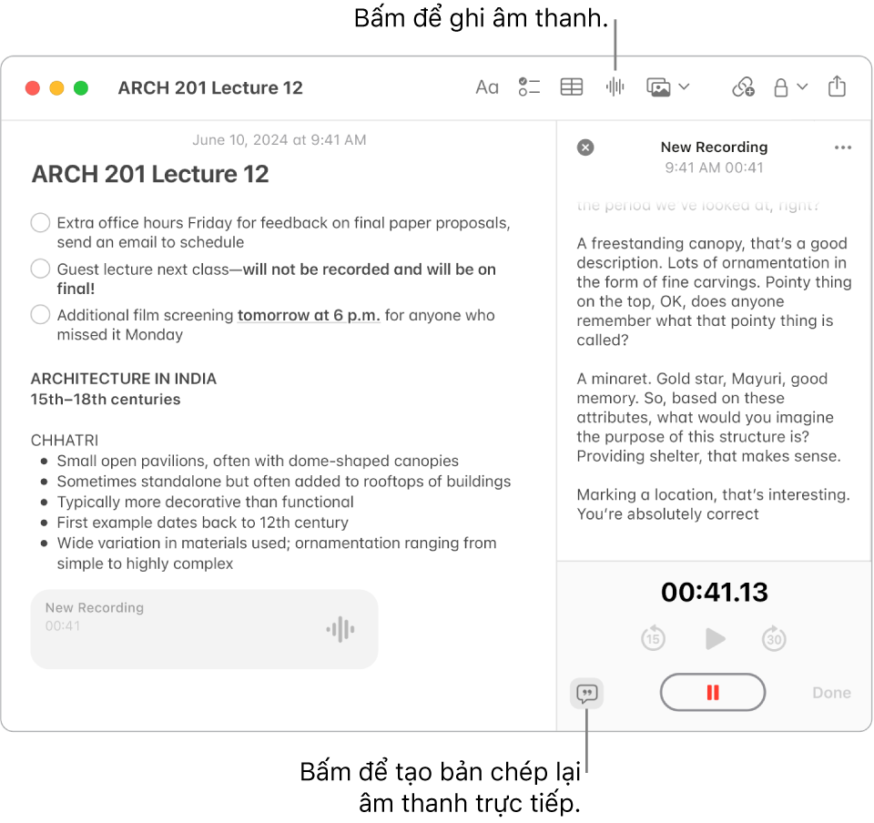 Một cửa sổ Ghi chú đang hiển thị một ghi chú với checklist, danh sách dấu đầu dòng và bản ghi âm thanh. Cửa sổ Chi tiết âm thanh được mở và hiển thị một bản chép lại của bản ghi âm thanh.