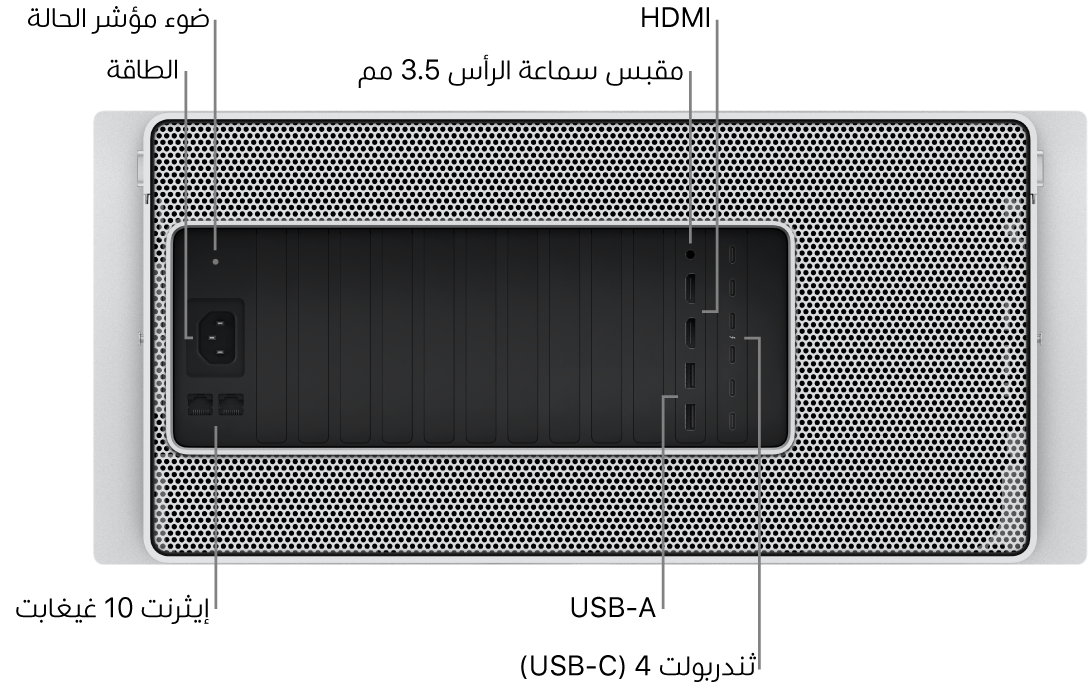 الجانب الخلفي للـ Mac Pro يظهر فيه منفذ الطاقة ومصباح مؤشر الحالة ومقبس سماعة رأس مقاس 3.5 مم ومنفذا HDMI وستة منافذ ثندربولت 4 (USB-C) ومنفذا USB-A ومنفذا إيثرنت بسرعة 10 غيغابت.