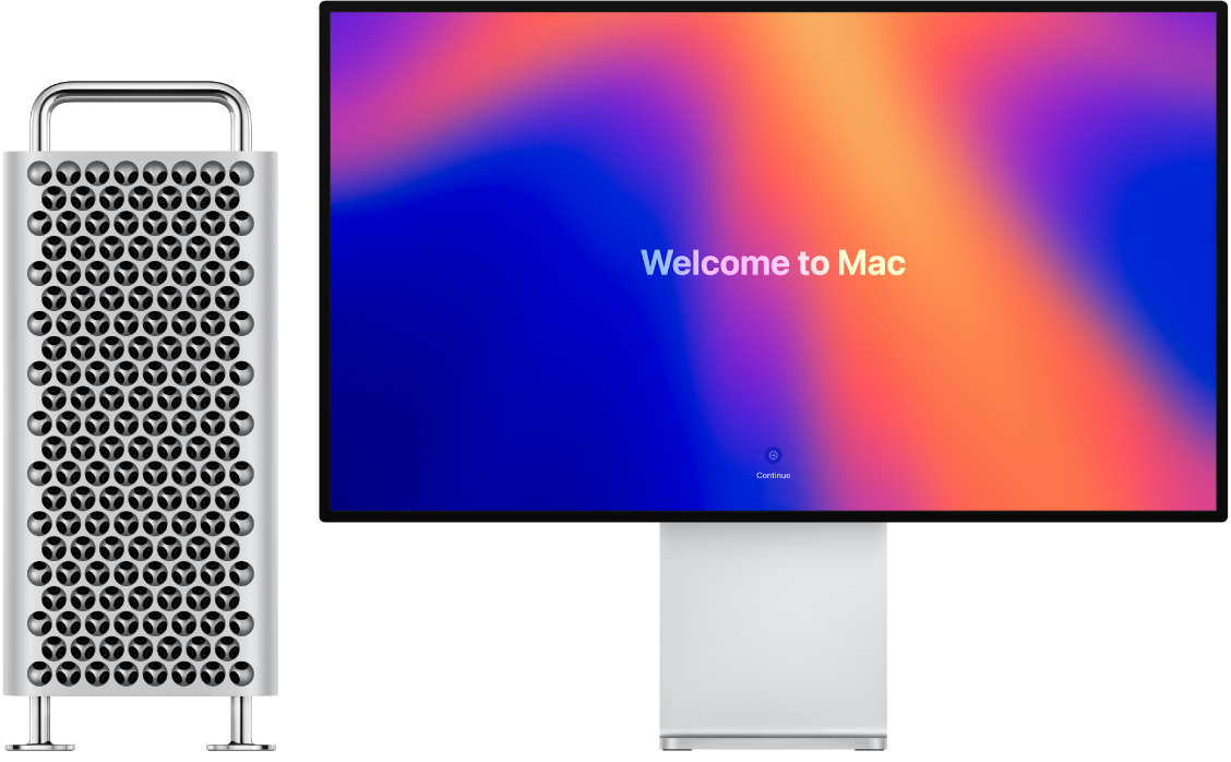 Mac Pro and a monitor Pro Display XDR vedle sebe. Na monitoru je vidět text „Vítá vás Mac“.