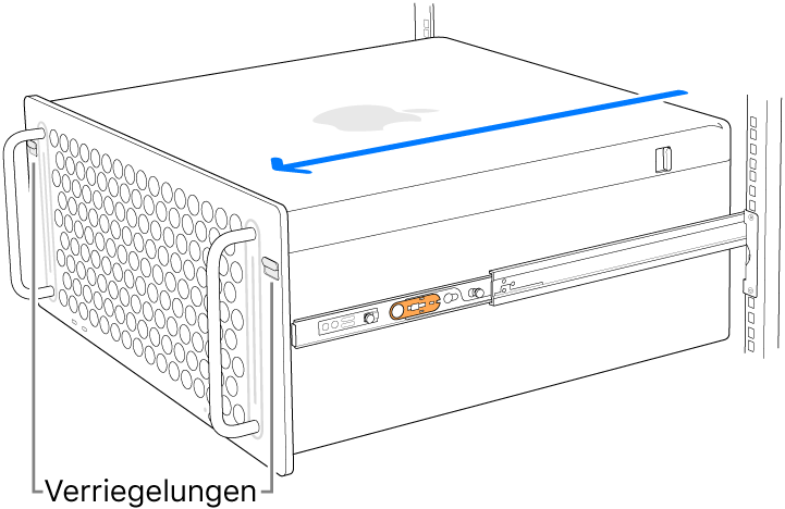 Der Mac Pro sitzt auf Schienen, die fest am Rack montiert sind.