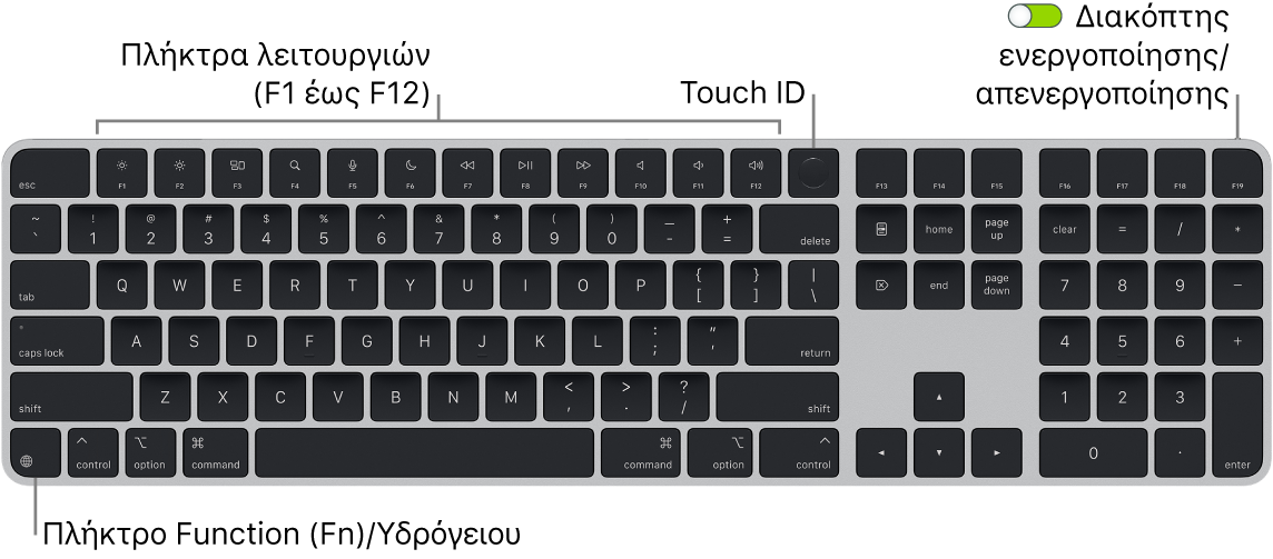 Το Magic Keyboard με Touch ID και αριθμητικό πληκτρολόγιο όπου φαίνονται η σειρά πλήκτρων λειτουργιών και το Touch ID στο πάνω μέρος, και το πλήκτρο Function (Fn)/Υδρογείου κάτω αριστερά.