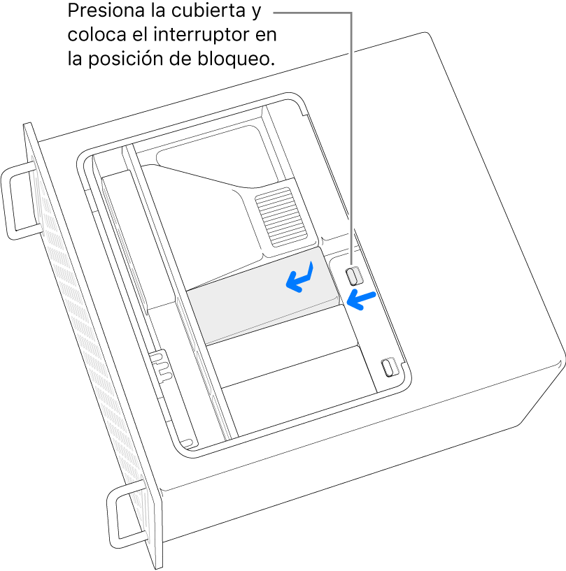 Reinstalando las cubiertas del SSD moviendo el interruptor de bloqueo a la izquierda y presionando en la cubierta del SSD.