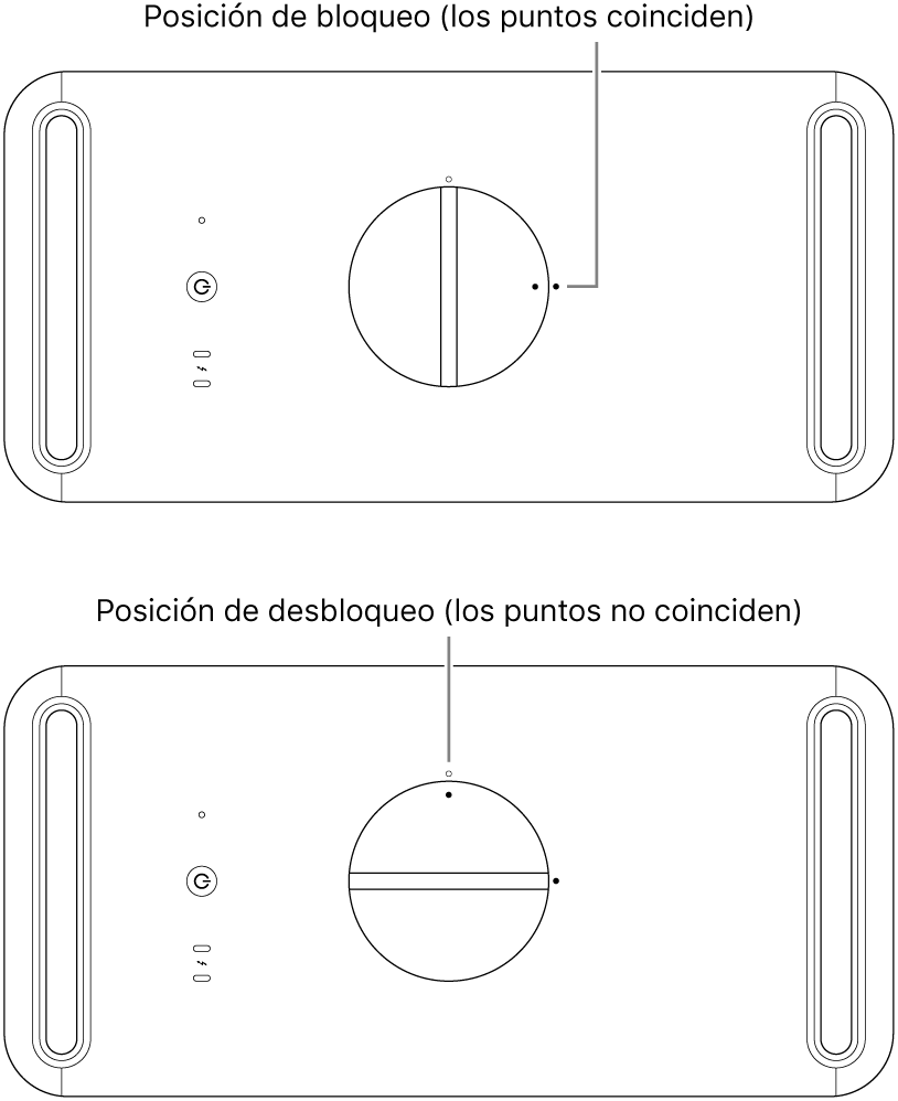 Parte superior de la carcasa de la computadora mostrando el pestillo en las posiciones de bloqueo y desbloqueo.