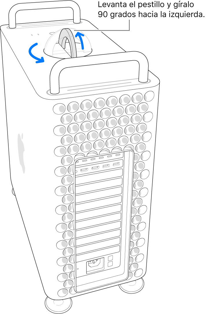 El primer paso para extraer la carcasa de la computadora levantando el pestillo y girándolo 90 grados.