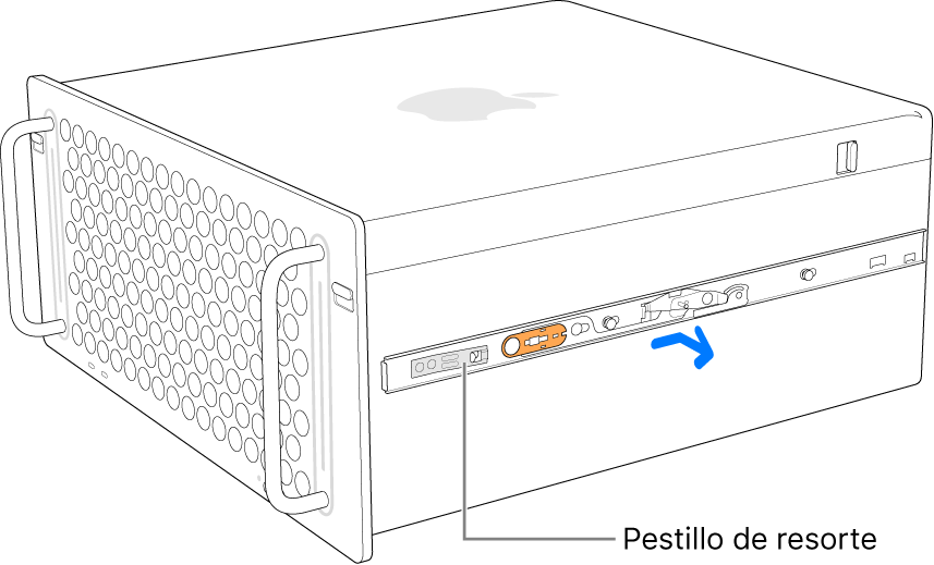 Se muestra cómo se retira un riel de un lado de la Mac Pro.