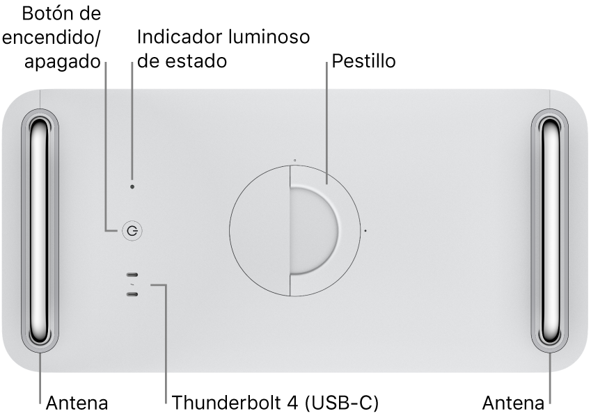 La parte superior de la Mac Pro mostrando el botón de encendido, el indicador luminoso del sistema, el pestillo, dos puertos Thunderbolt 4 (USB-C) y dos antenas, una a la izquierda y otra a la derecha.